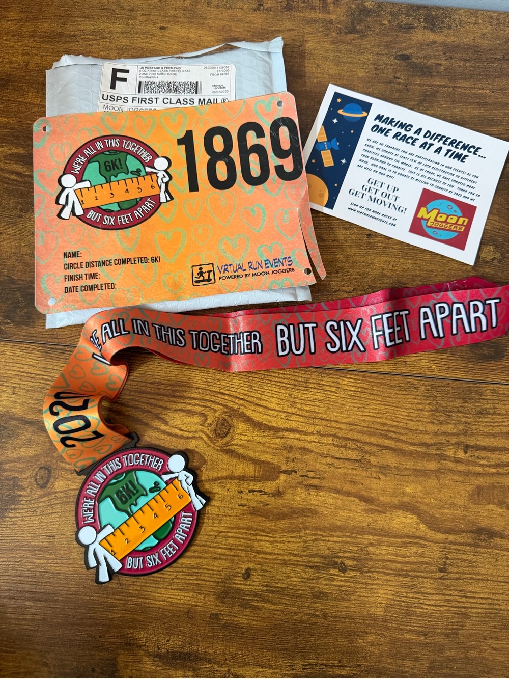 2020 COVID Social Distancing 6K Medal Bib Complete Virtual Race Moon Joggers